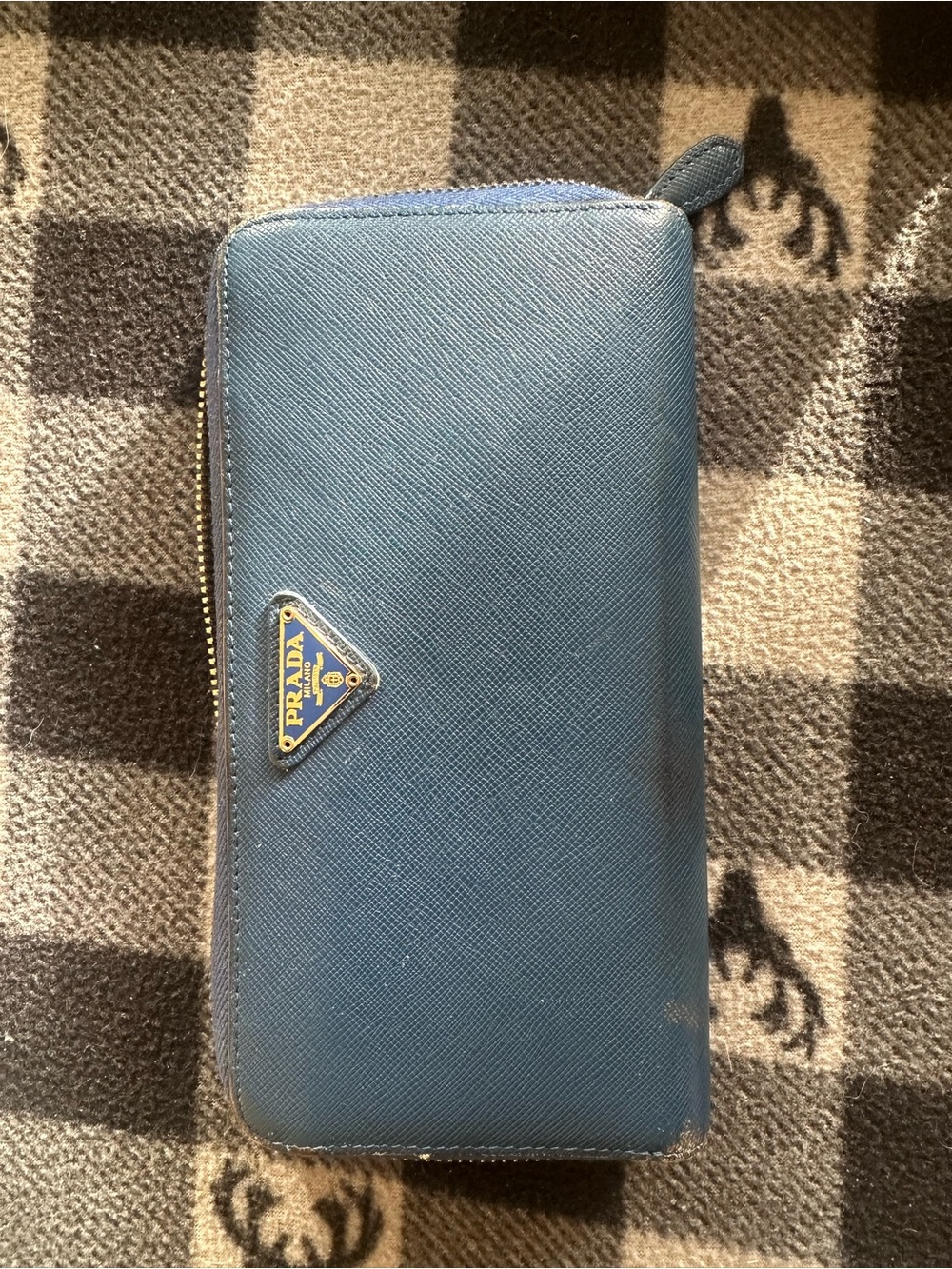 Prada Blue Saffiano Zip Wallet with Gold Triangle Logo